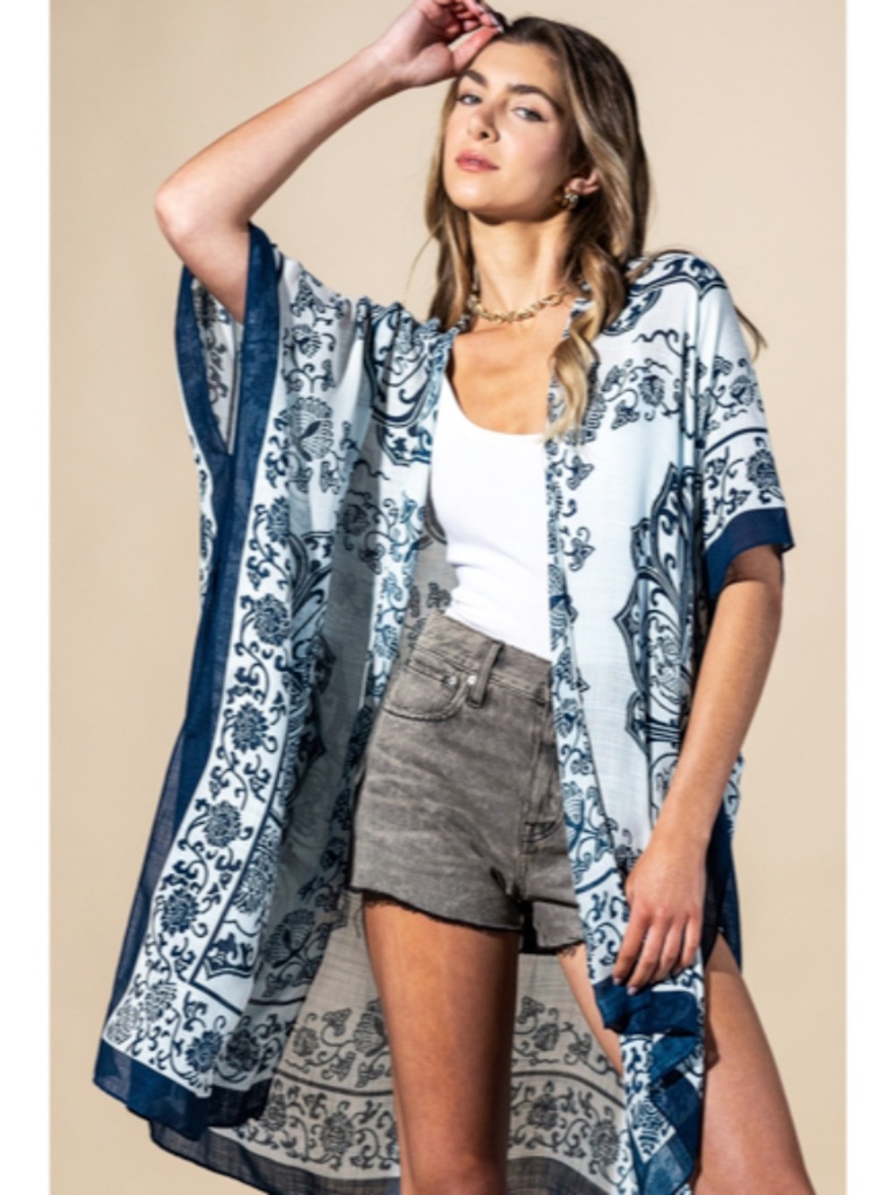 Santorini Mandala Navy Blue Lightweight Kimono Open Wrap Top One Size
